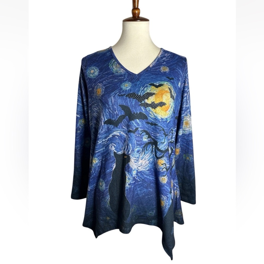 ONE WORLD Van Gogh Starry Night Theme One World Black Cat Bats Embellished Med
